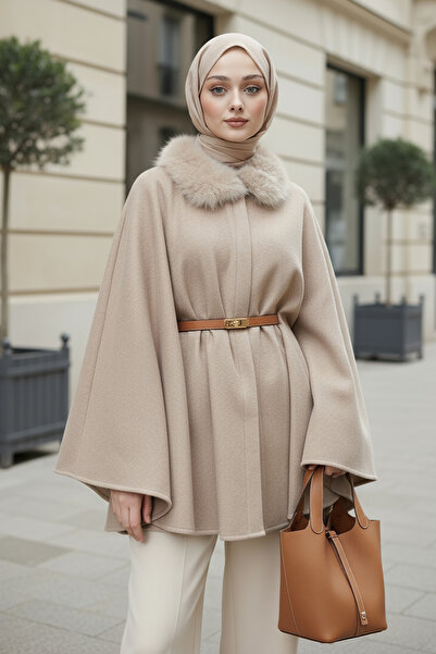 Salih Çelebi Fur Collar Cashmere Poncho 81204 - Stone Color