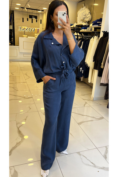 Vosse Moda İlgi İndigo Mono Yakalı Önden Bağlama Detaylı Takım