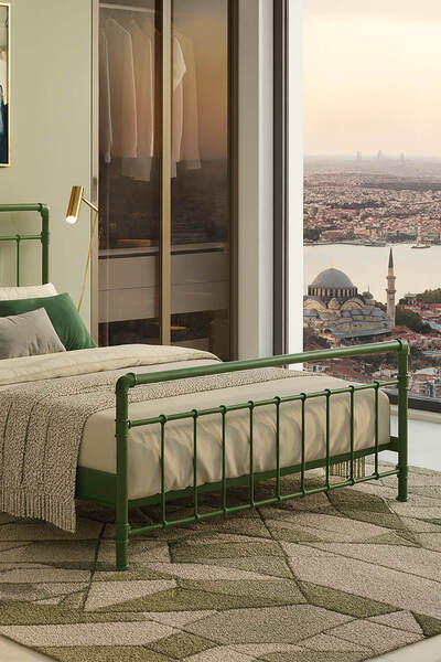 Unimet Odin Çift Kişilik Metal Karyola-Yeşil (AHŞAP LATALI)