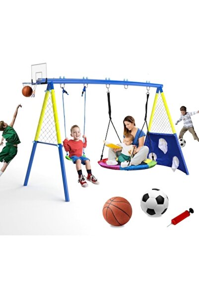 indiggo Play Set 4in1 Kango Park Swing Nest 100cm Basketball Hoop Football Goals Steel Blue Yellow