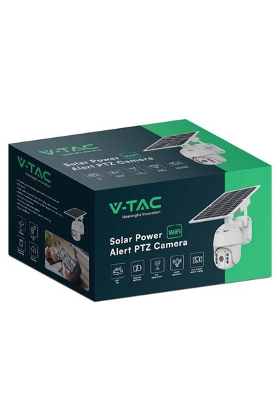 V-TAC Cameră de supraveghere solară HD, WiFi, 2MP, albă, pentru exterior, detectare PIR, PTZ