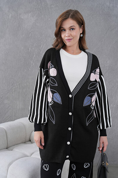 Miss Allos Women's Beaded Wide-Fit Knitwear Cardigan and Pants Bottom-Top Set