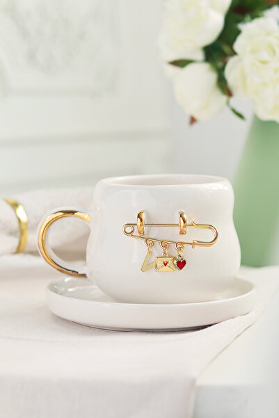 ada mia seramik Kişiselleştirilmiş Harf Charm Detaylı 24K Altın Dekorlu El Yapımı Seramik Kupa 200ml