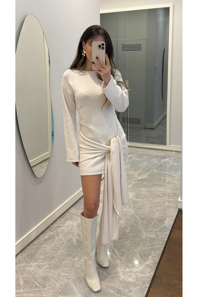 My Blog Ecru Front Tie Short Dress - 7123