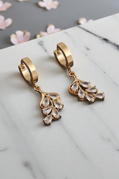 AXXION Gold Color Steel Earrings with Leaf Motif Sparkling Drop Zircon Stones