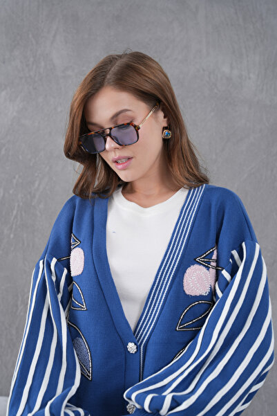 Miss Allos Women's Beaded Wide-Fit Knitwear Cardigan and Pants Bottom-Top Set