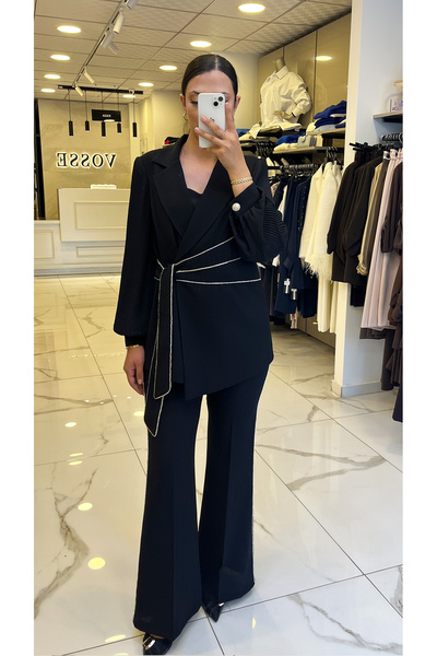 Vosse Moda İlgi Siyah Kolları Piliselki Kuşaklı Takım