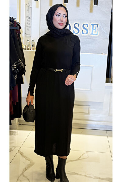 Vosse Tığ Triko Siyah Dik Yaka Kolları Düğme Detaylı Triko Elbise