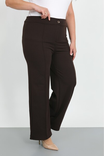 By Alba Collection Women's Brown Flexible Waist Buttoned Wide Leg Stretch Fabric Pants