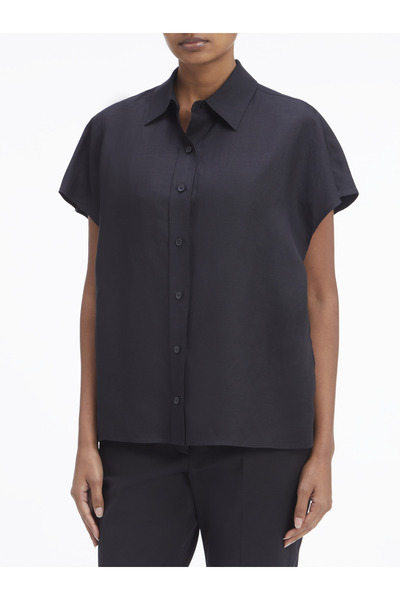 Calvin Klein Women Black Linen Blend Short Sleeve Shirt