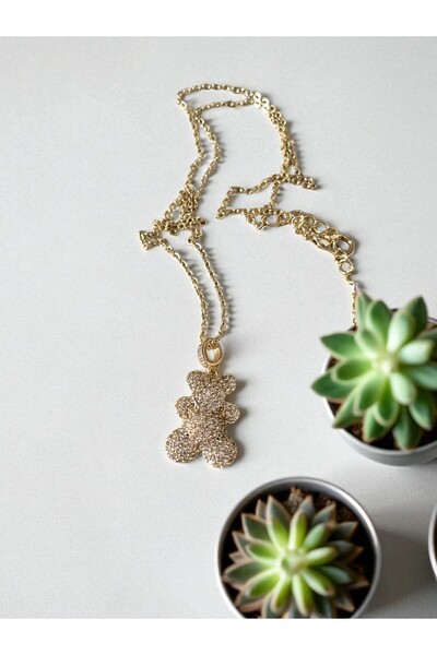 AXXION قلادة دب تيدي مرصعة بأحجار الزركون مع تمثال دب لطيف