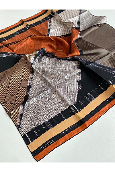 Vissona Μεταξωτό μαντήλι Tivil 16170 - 0014 - 0001 Μαύρο πορτοκαλί μοτίβο με ραβδώσεις