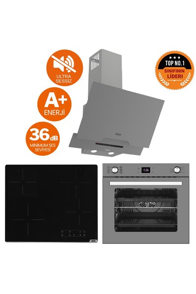 Ferre ve AFM Tech Markalı /Antrasit Elektrikli Vitro. Sessiz Ankastre Set(D065-SA + V6-04 + FM7710)