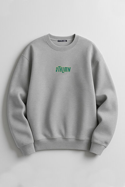 Vatkalimon Oversize Kalıp Bisiklet Yaka Basic Düz Kalın Gri Sweatshirt
