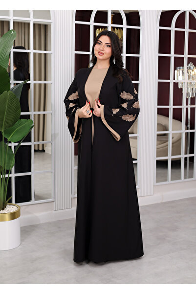 NHMODA Belted Wide Sleeve Draped Embroidered Hijab Two-Piece Suit