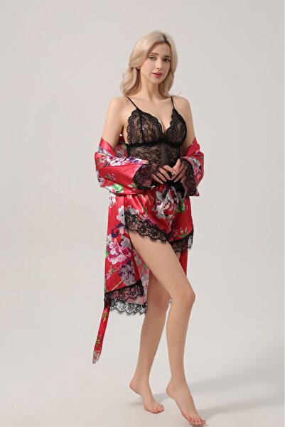 essentialneedsforall Women’s Satin Floral Lace 3-Piece Nightwear Set – Robe, Lingerie Top & Shorts