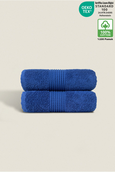 Ellaline Set of 2 Towels 100% Cotton Certified, Striped Bordered Superior Absorbent Hand Face Kitchen Towel 50X90Cm