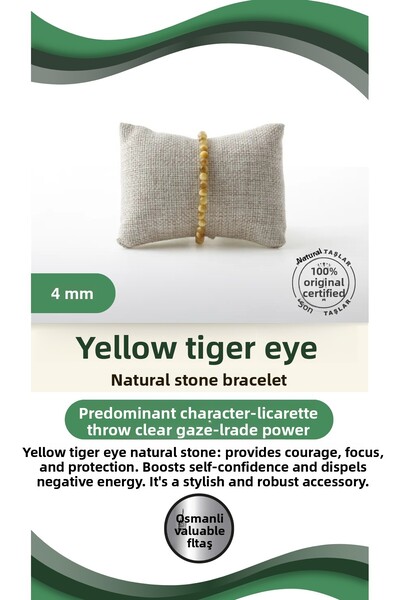 OSMANLI DEĞERLİ TAŞ Certified Yellow Tiger Eye Natural Stone Bracelet 4 Mm, B994