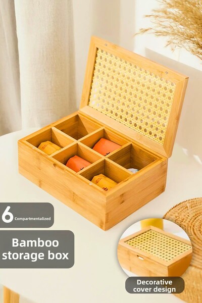 Woodcept. صندوق منظم لتخزين الشاي من الخيزران مع 6 مقصورات، صندوق منظم للمجوه...