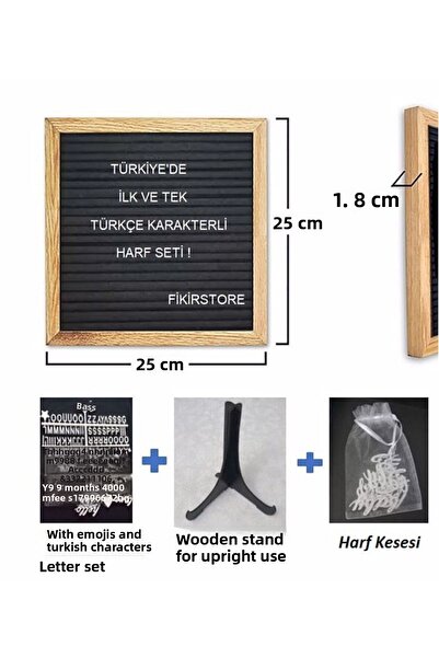 fikirstore لوحة كتابة مع شخصيات تركية ومجموعة رسائل إيموجي، إطار خشبي، حامل خشبي