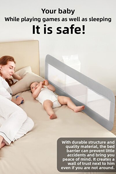 Meleni Baby حاجز سرير أطفال قابل للطي مقاس 150 × 42 سم - حاجز أمان لحماية قاعدة السرير باللون الرمادي