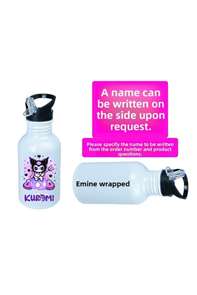 DKDZ SHOP Kuromiii Printed Metal Water Bottle with Straw and Hook 600ml. White