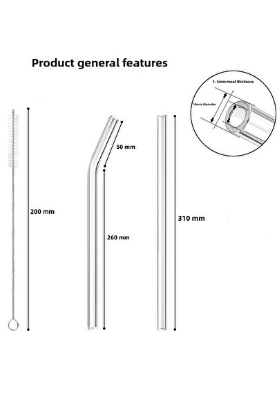 CAMGEN 6 Pieces Glass Straw + 1 Piece Brush 10 mm Diameter 310 mm Length Thermoses Compatible