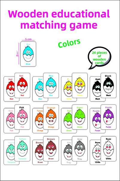 Leelii Tasarım Colors Wooden Memory Matching Cards 12 Colors 24 Cards Turkish...
