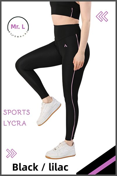 missmaral Women's Comfortable Sport Tights - Black/Lilac Stripe Detail Lycra Diver 1041