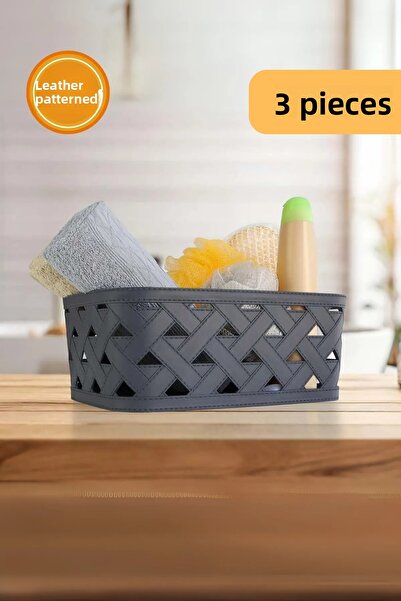 EVLE Anthracite Leather Patterned Basket - Set of 3