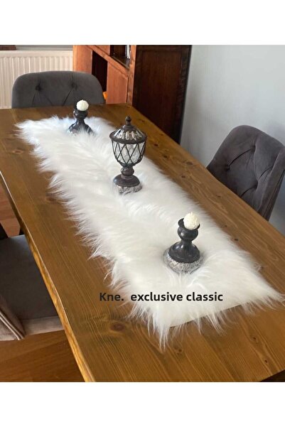 KNC EXCLUSİVE CLASSİC مفرش طاولة من الفرو الأبيض من Runner، ديكور أنيق فاخر وحديث