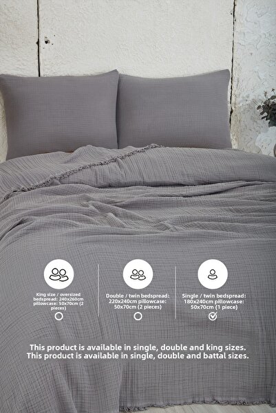 Evlen Home Collection 100% Cotton Muslin Bedspread Set Single 4 Layers Soft Muslin Pique Set Blanket Gray