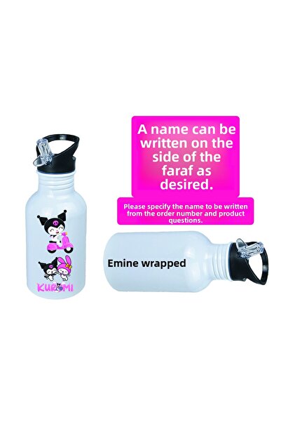 DKDZ SHOP Kuromiii Printed Metal Water Bottle with Straw and Hook 600ml. White