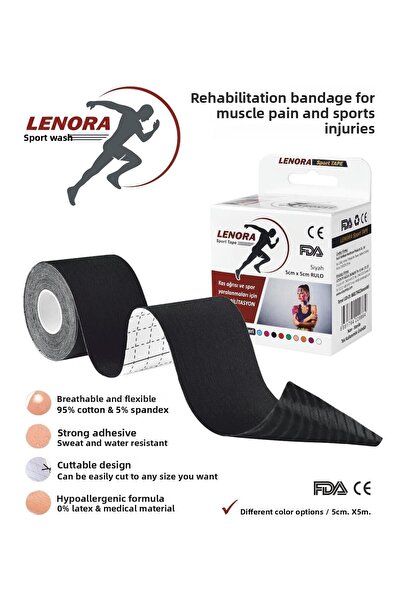 LENORA Bandă Kinesiology Pain Bandă Neagră 5 Metri X 5 Cm Bandă Sportivă