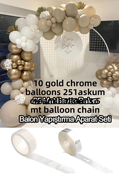Parti dolabı 10 Chrome Gold, 25 White and 25 Stone Sand Color Balloon Chain Birthday Engagement Henna Pastel Bride Set