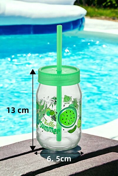 Şahane Pazar Green 2 Pieces Glass Cup with Straw 350cc Fma04794