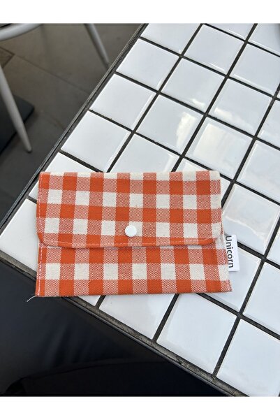 Sumicorn Design Orange Gingham Washable Linen Pad Bag with Snap Fasteners, Mi...
