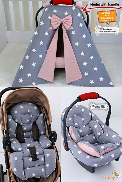 Umaybebek 4 Piece Set - Baby Stroller Cushion and Stroller Sheet with Holder