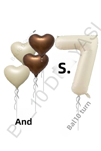 BAL10 DÜNYASI Beige Number and Heart Foil Balloon Set Age 7