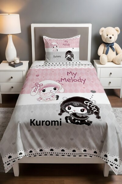 EVPANYA Pink Gray Hearts Kuromi and My Melody Patterned Single Baby Kids Piqu...
