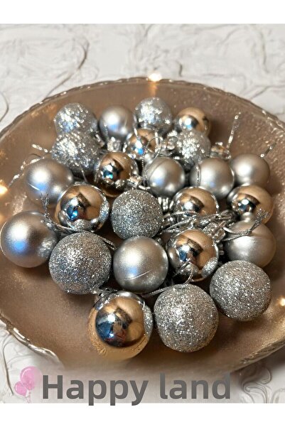 Happyland زينة شجرة الصنوبر للعام الجديد 24 قطعة 3 سم فضية اللون مجموعة كرات ...