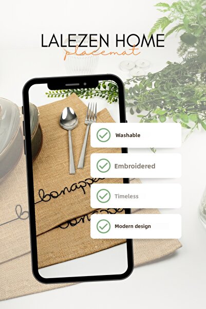 LALEZEN HOME 2 Pieces of Place Service Bonappetit Embroidered Tableware Presentation Plate Coaster Plate Size 45X35 (Embroidered)