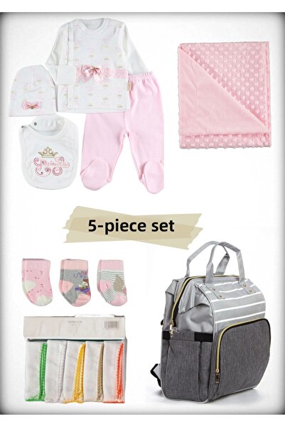 Avşar Baby 5-Piece Birth Set (Mother Baby Bag, Hospital Release Blanket, 10-Piece Wipes and 3-Piece Socks)