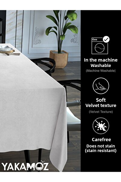 Yakamoz WHITE COLOR VELVET TEXTURED TABLE COVER LEAD-FREE VELVET TOUCH SERIES