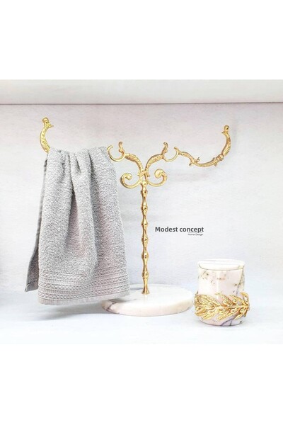 Modestmar Natural White Marble Footed Bathroom Hand Towel Holder Gold Brass T...