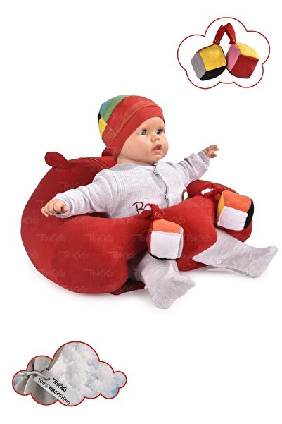 TOKKO Red Baby Sitting Cushion with Toys - Non-Tipping Baby Seat - Large Baby Seat