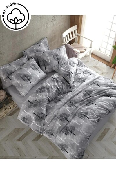 Lotusline Home Gray Single Tree Pattern Luxury Cotton Duvet Cover Set - Set