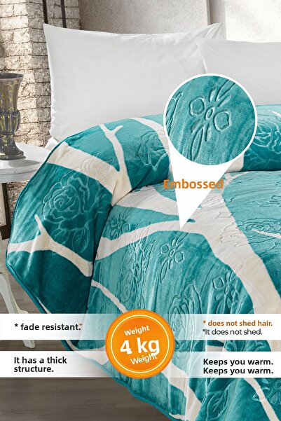 Evlen Home Collection 4 Kg Blanket Supersoft Embos Thick Soft Plush Double Soft 220x240 cm Devin Turquoise
