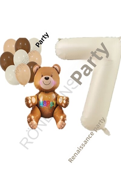 RÖNESANS PARTİ Beige Number Bear Foil and Latex Balloon Set Age 7
