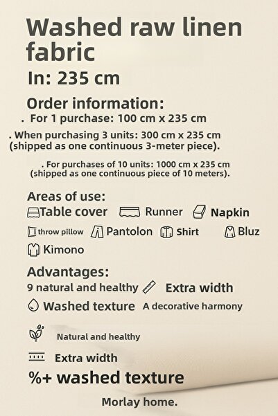 Morlay 3 μέτρα πλυμένο ακατέργαστο φυσικό λινό ύφασμα - 235 cm πλάτος - οργανικό - φυσικό - punch - ύφασμα ταπετσαρίας